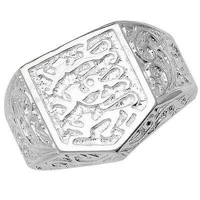 J R Jewellery sterling silver England ring with intricate lion crest design and detailed filigree band