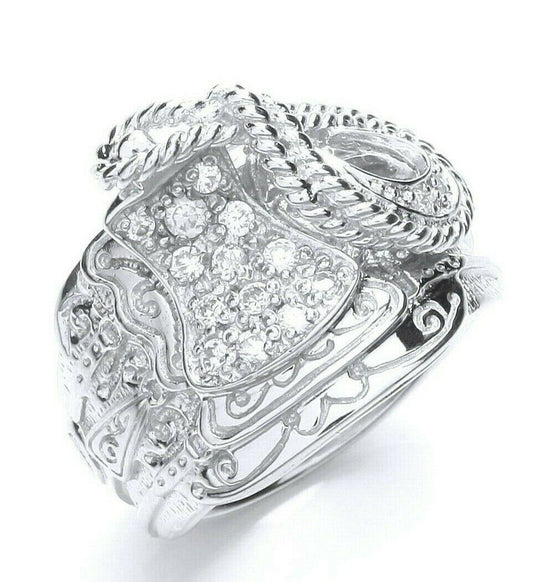 Intricately designed sterling silver gents saddle ring with detailed rope and studded crystal embellishments