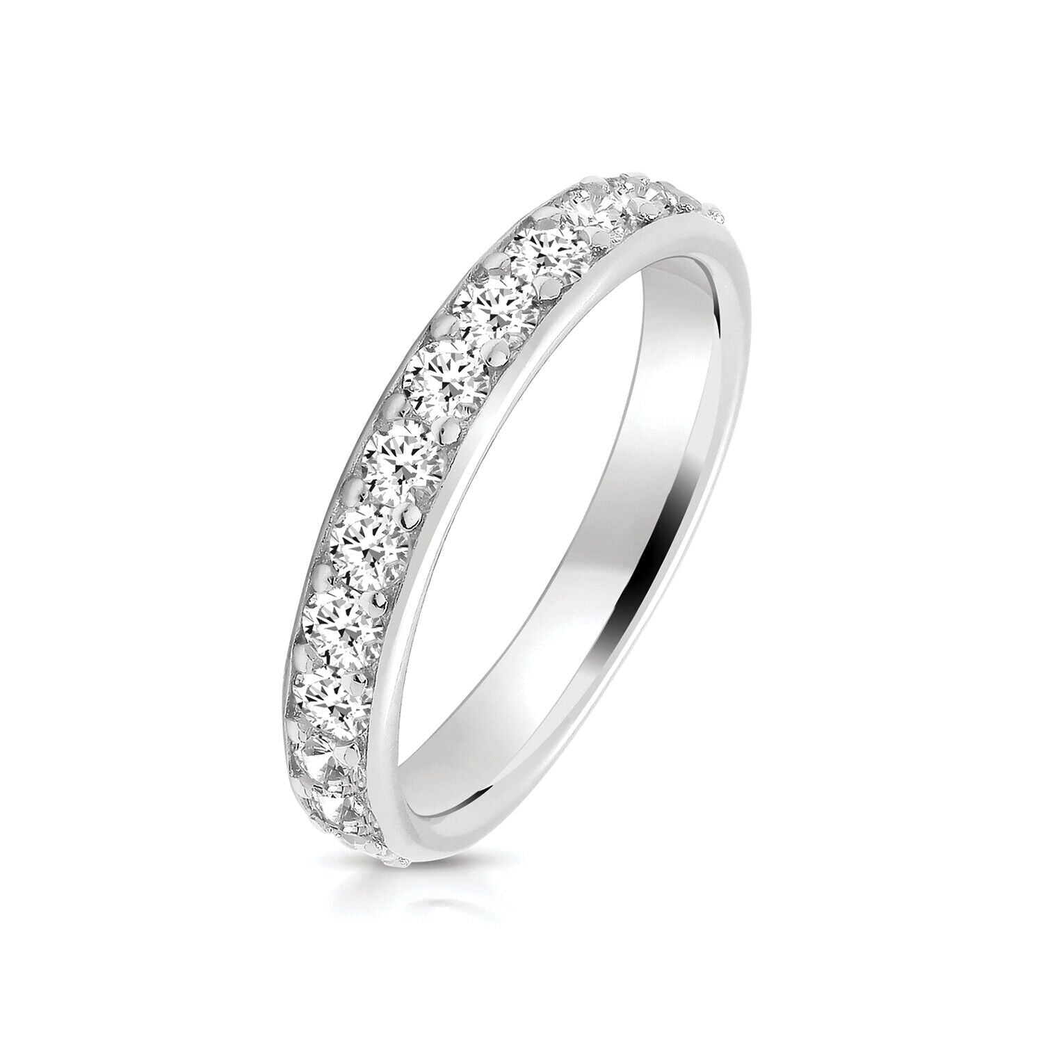 Sterling silver half eternity ring with sparkling clear stones by J R Jewellery