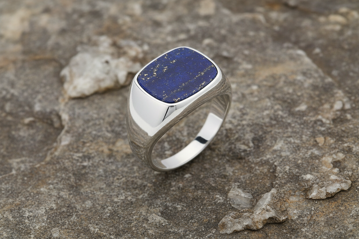 Lapis Cushion Signet Ring Pinky Solid Sterling Silver Engagement Size G - S