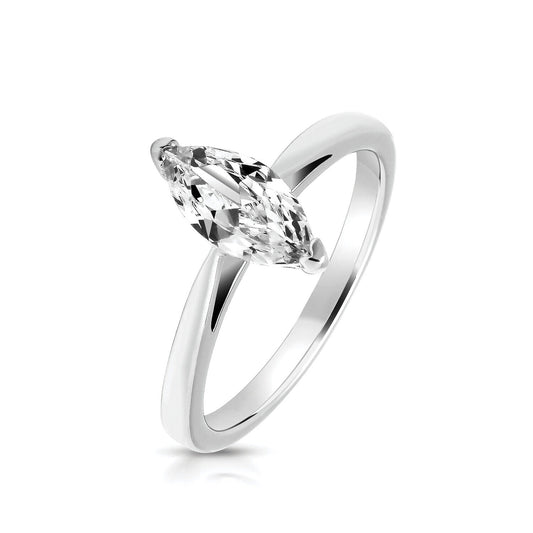 J R Jewellery sterling silver marquise solitaire ring with a sparkling marquise-cut gemstone