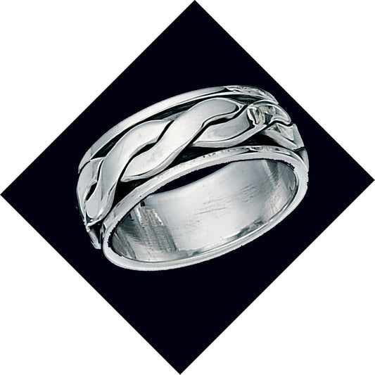 J R Jewellery sterling silver men's celtic ring with intricate knot design on black background