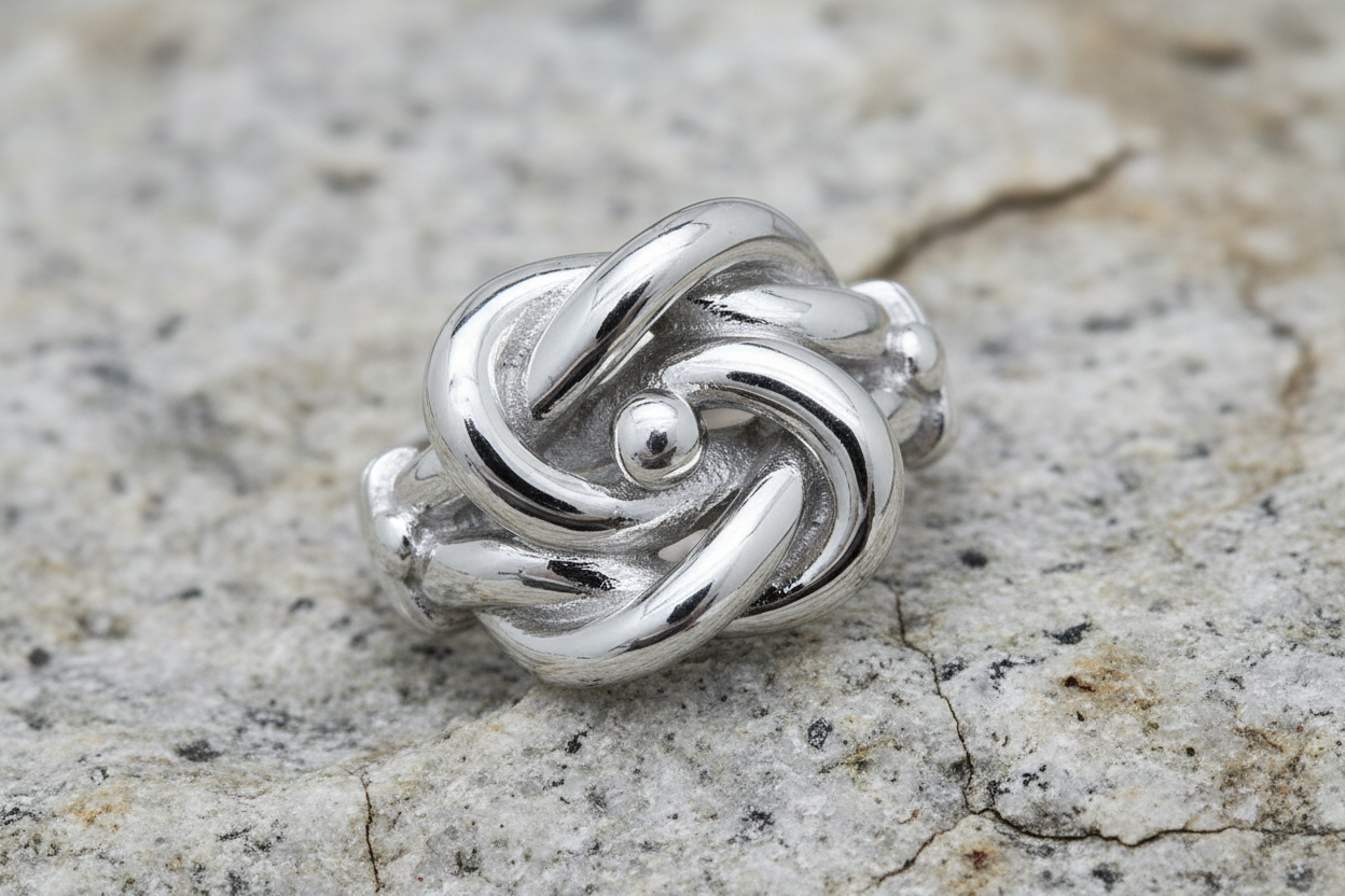 Sterling Silver Mens Plain Knot Ring featuring a smooth, intertwined design on a textured surface
