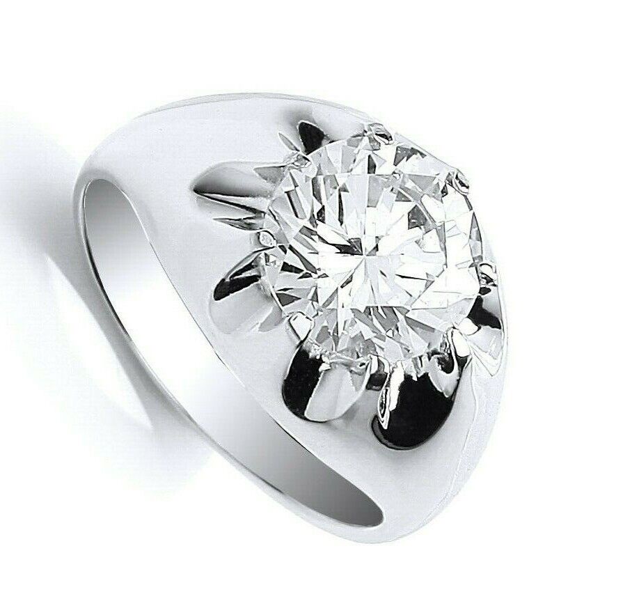 Sterling Silver Mens Solitaire Ring Gypsy Setting with a large sparkling diamond centre stone