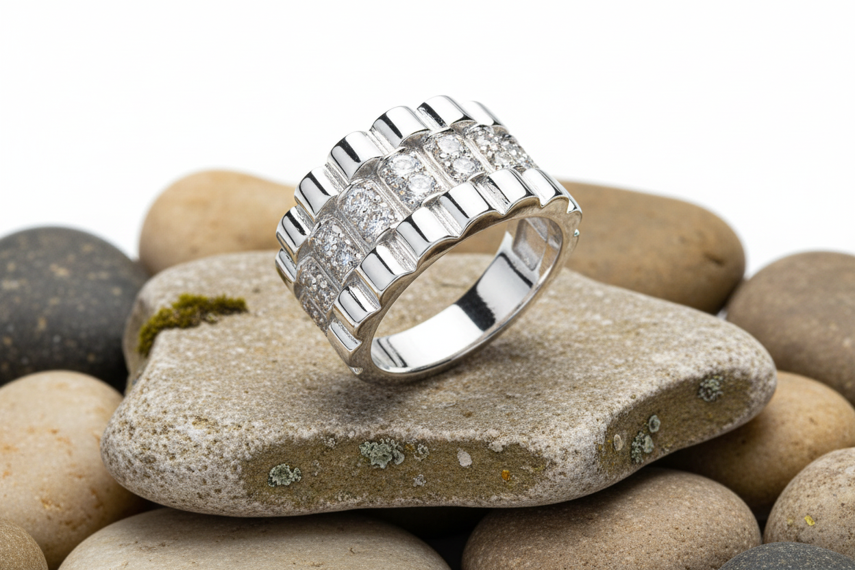 Sterling Silver Mens Wide Band Ring Gemstone with Sparkling Stones on a Decorative Stone Base