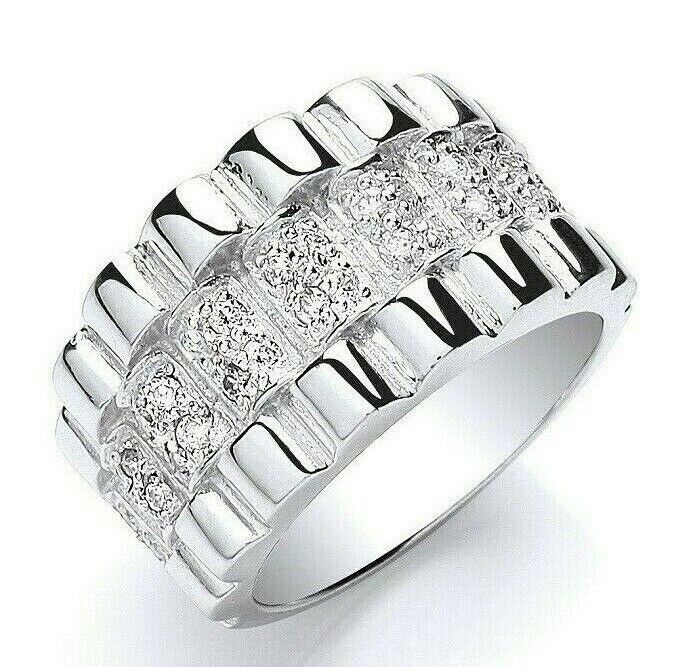 Sterling Silver Mens Wide Band Ring Gemstone with Textured Design and Sparkling Accents