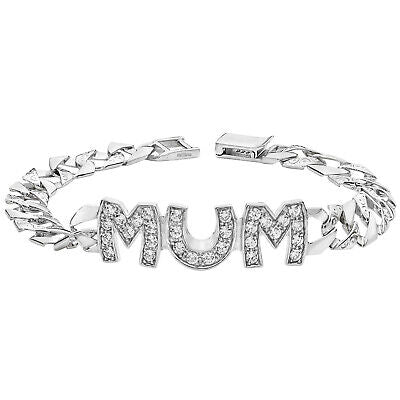 Sterling silver mum bracelet featuring sparkling letters on a sleek chain design