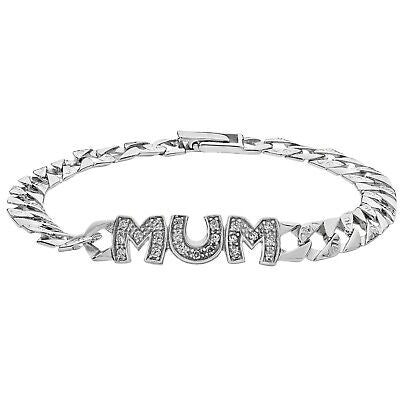 Sterling silver mum bracelet featuring sparkling letters and a stylish chain design