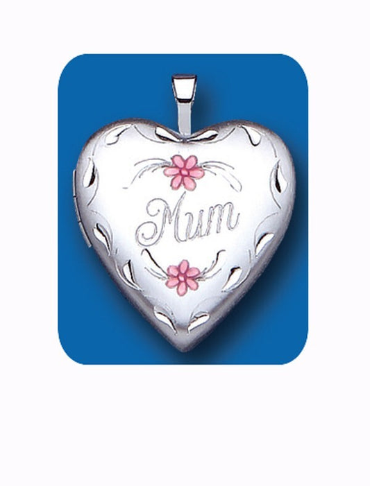 Sterling silver mum heart locket with floral design and engraved text for a heartfelt gift