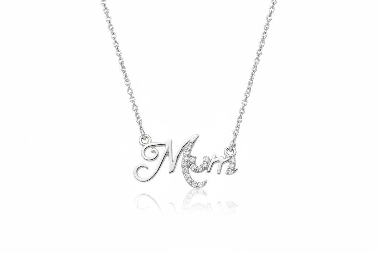 Sterling silver mum necklace 18 inch with elegant script design and sparkling details