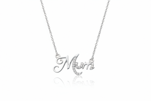 Sterling silver mum necklace 18 inch with elegant script design and sparkling details