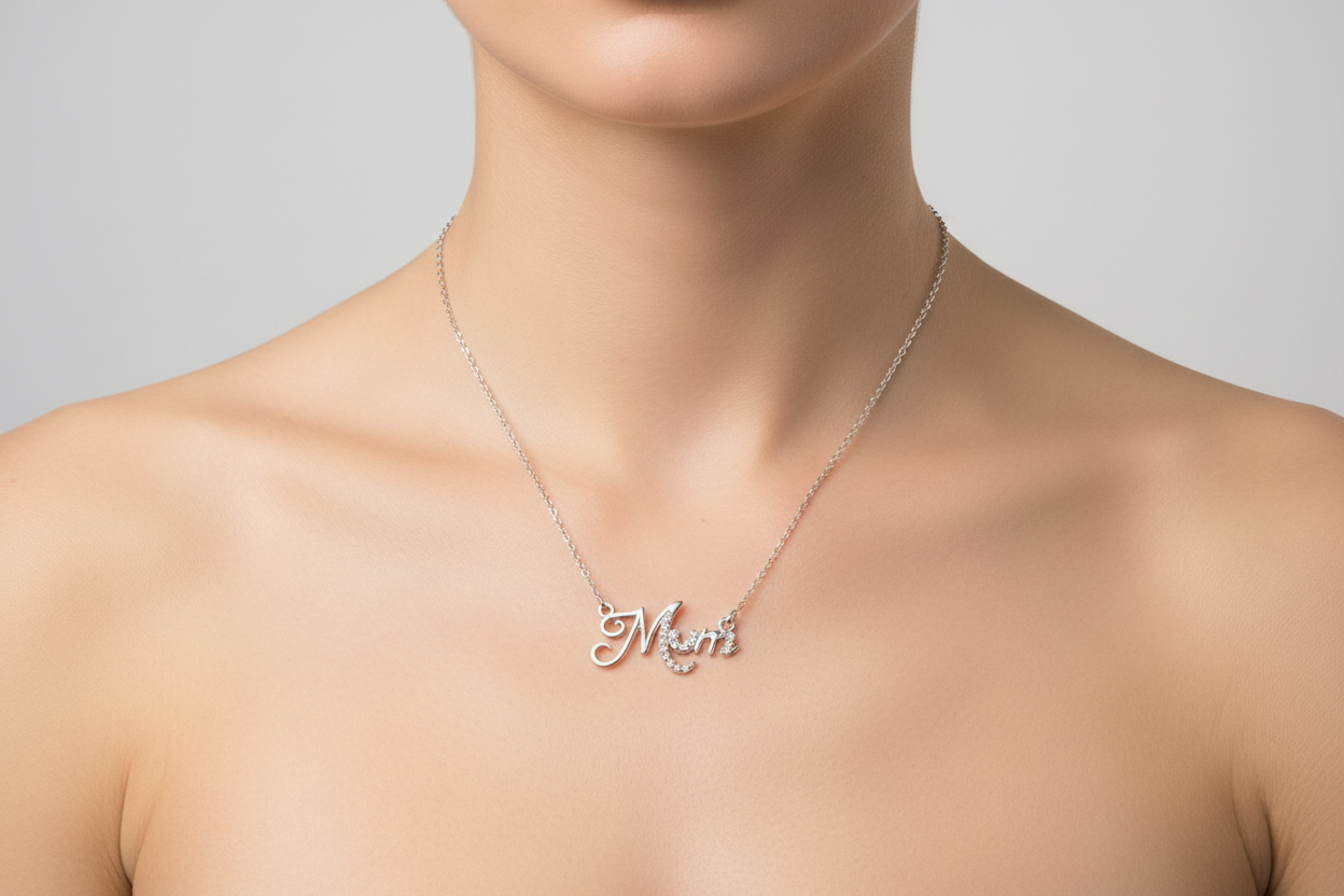 Sterling silver mum necklace 18 inch displayed on a model's neckline, elegantly showcasing its design