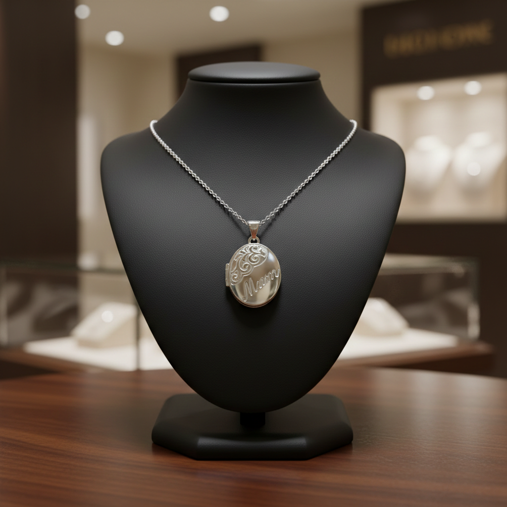 Sterling Silver Mum Oval Locket on a sleek display stand in a jewellery store