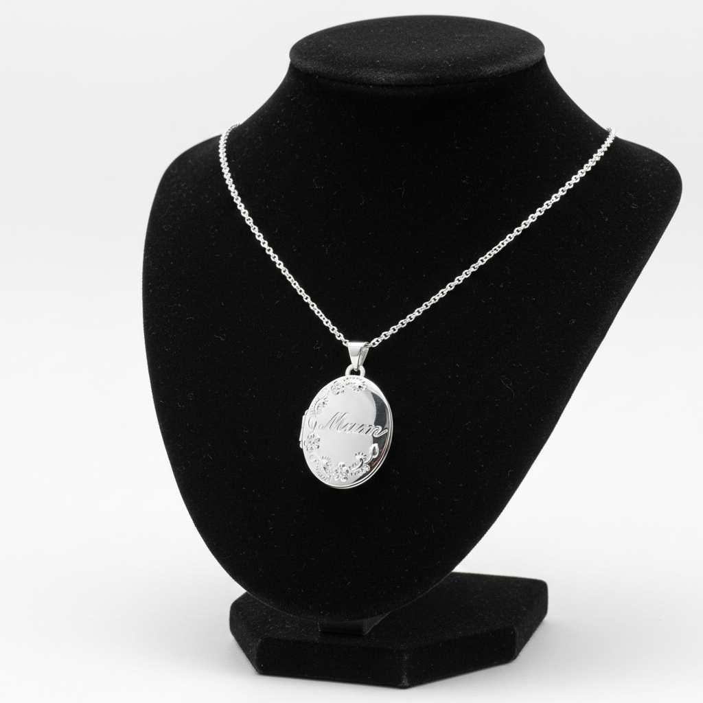 Sterling Silver Mum Oval Locket on a Display Stand for Celebrating Special Moments