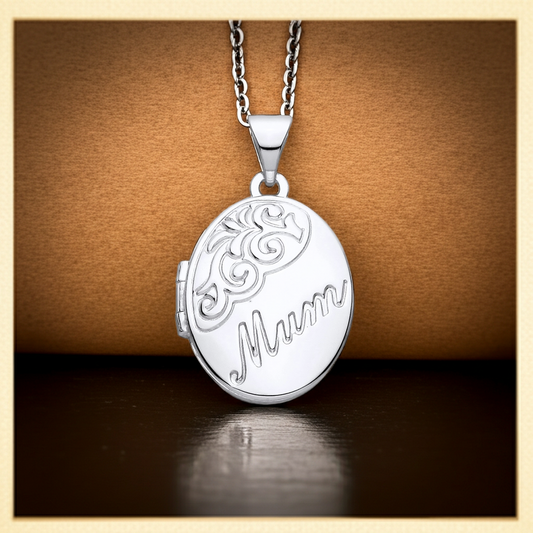J R Jewellery Sterling Silver Mum Oval Locket with intricate design and elegant chain