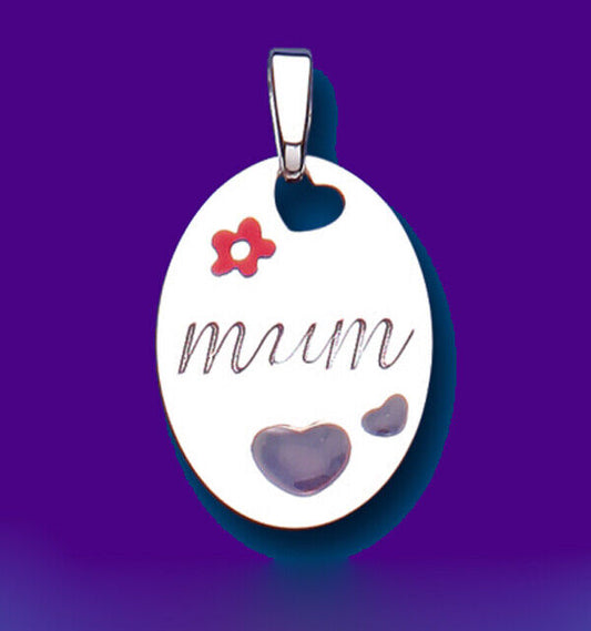 Sterling silver mum pendant with engraved text and colourful heart accents
