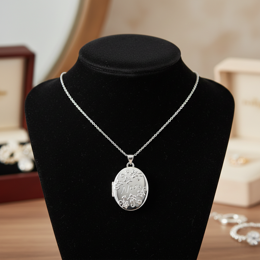 Sterling Silver NAN Oval Locket Necklace displayed on a black bust with floral design details