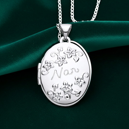 Sterling Silver NAN Oval Locket with Floral Design on a Silver Chain for Personalised Gifts
