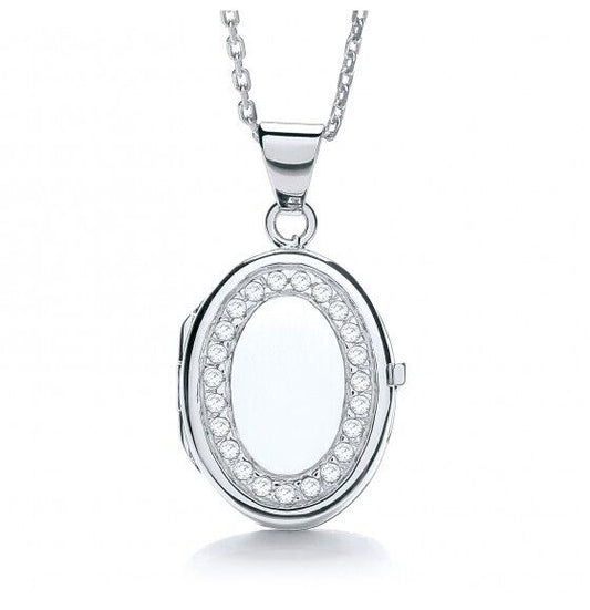 J R Jewellery Sterling Silver Oval Locket with Clear Crystal Accents and Chain Necklace