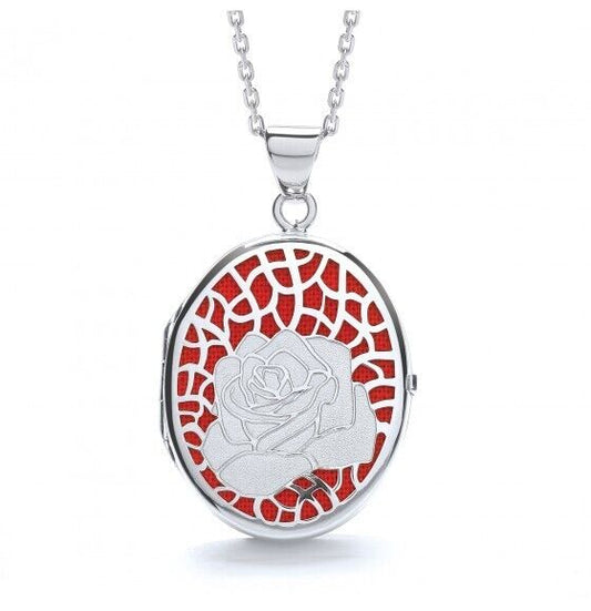 Sterling Silver Red Rose Oval Locket with intricate floral design and matching chain for elegant style