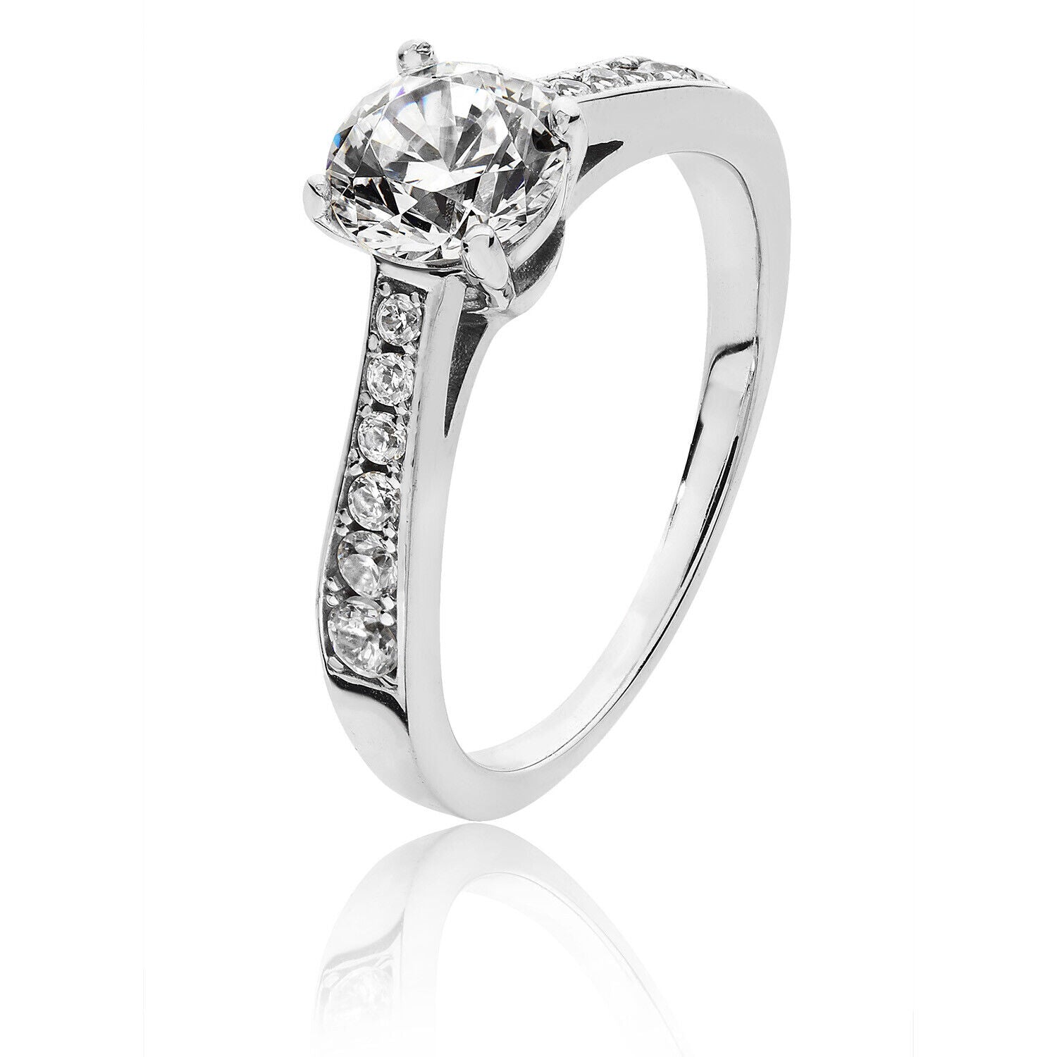 J R Jewellery sterling silver solitaire ring with a large central stone and smaller diamonds on the band