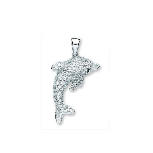Sterling Silver Dolphin Pendant Sparkling Gemstone 18" Chain British Made