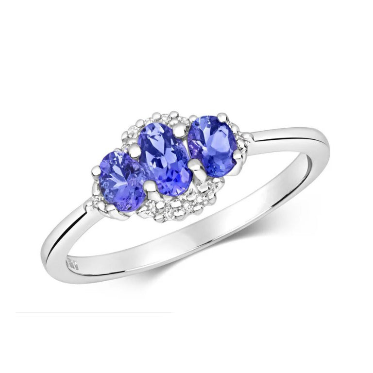 Real Tanzanite and Diamond Ring Solid White Gold Oval Three Stone Size J - Q