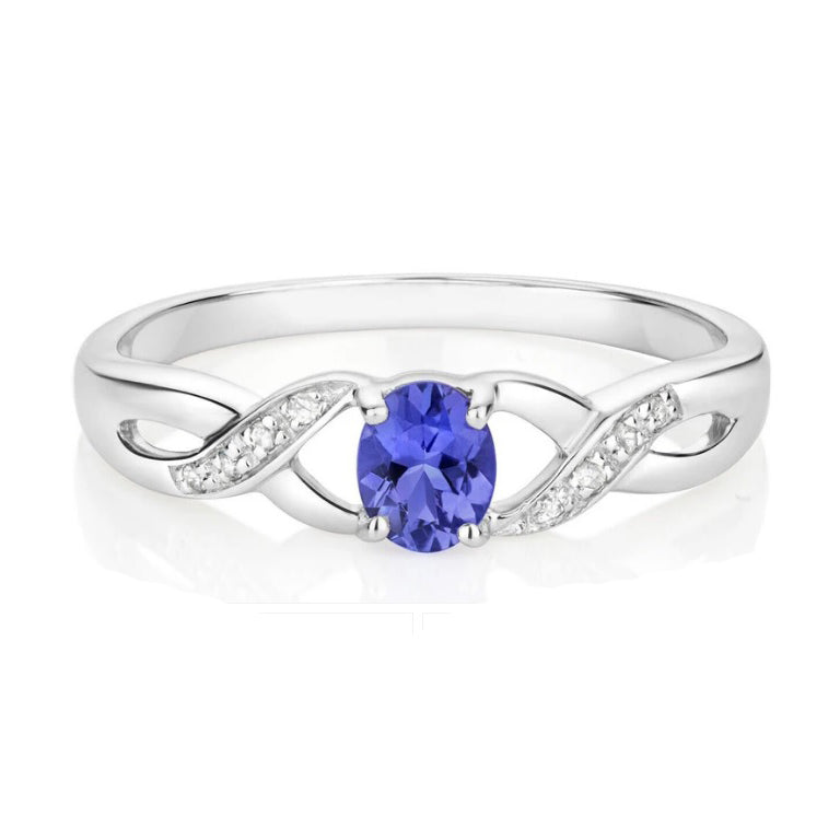 Real Tanzanite and Diamond Ring Solid White Gold Oval Twist Solitaire Size J - Q