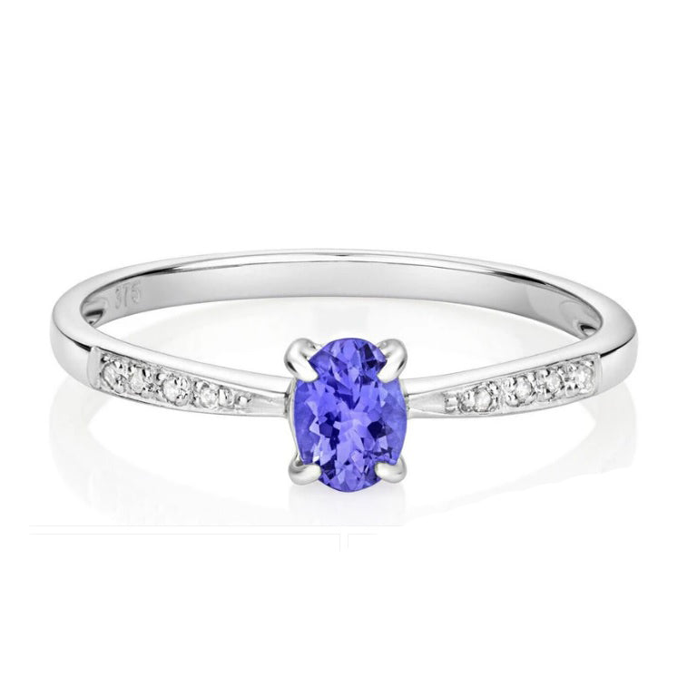 Real Tanzanite and Diamond Ring Solid White Gold Oval Cut Solitaire Size J - Q