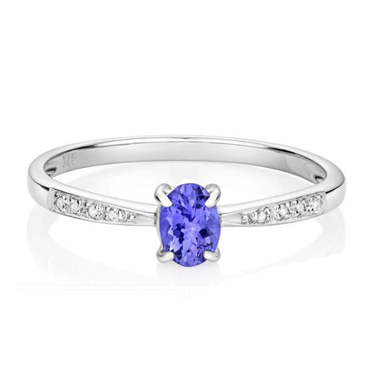 Real Tanzanite and Diamond Ring Solid White Gold Oval Cut Solitaire Size J - Q