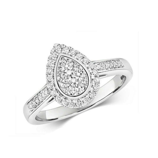 Real Diamond Halo Engagement Ring 9ct White Gold Pear Cluster 0.33 Carat Weight