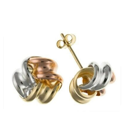 9ct Three Colour Knot Stud Earrings Solid Yellow Rose White Gold 7mm Studs