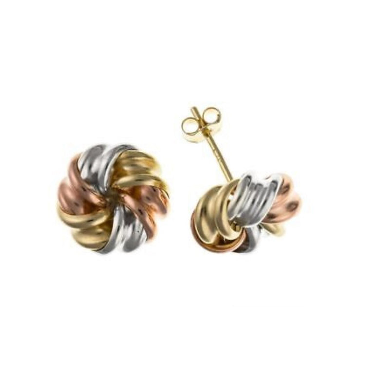 Three Colour Gold Knot Stud Earrings 10mm 9 Carat Yellow Rose White Gold Studs