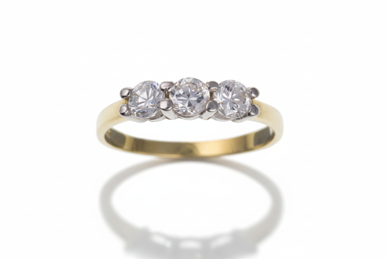 9ct Yellow Gold Three Stone Ring Simulated Diamond Trilogy Full Hallmark
