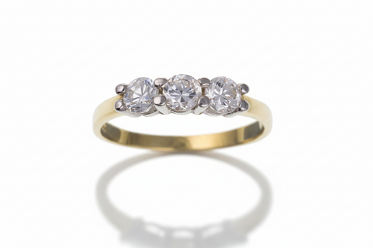 9ct Yellow Gold Three Stone Ring Simulated Diamond Trilogy Full Hallmark