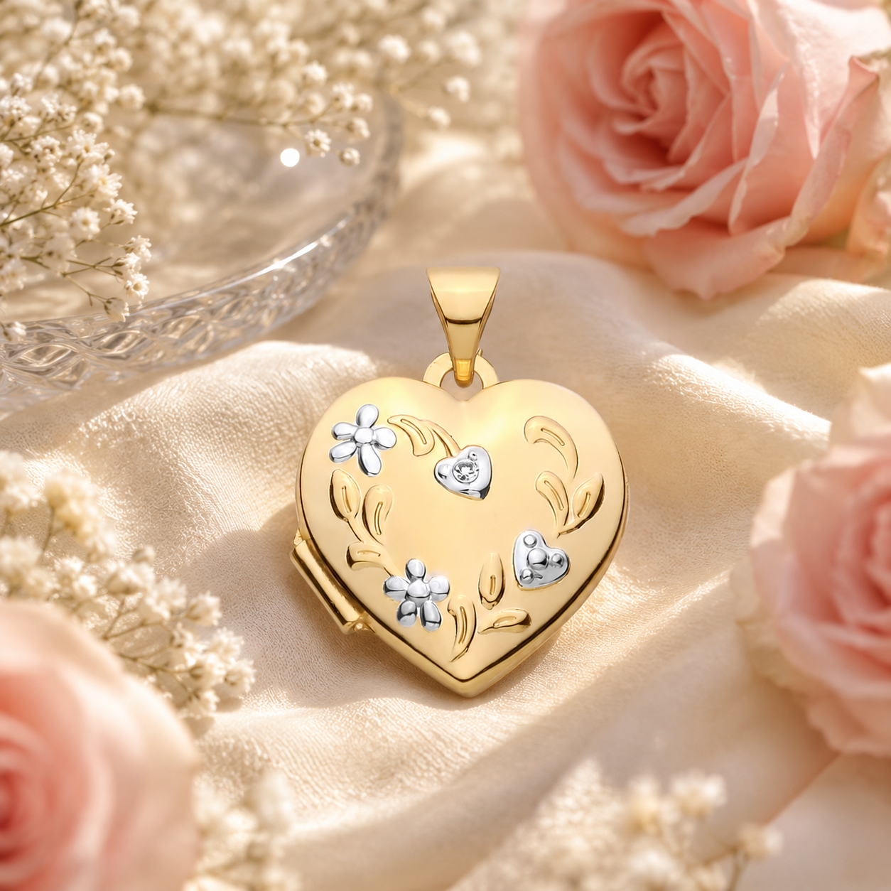 Gold Together Forever Heart Locket adorned with floral design, perfect for keepsakes and gifts