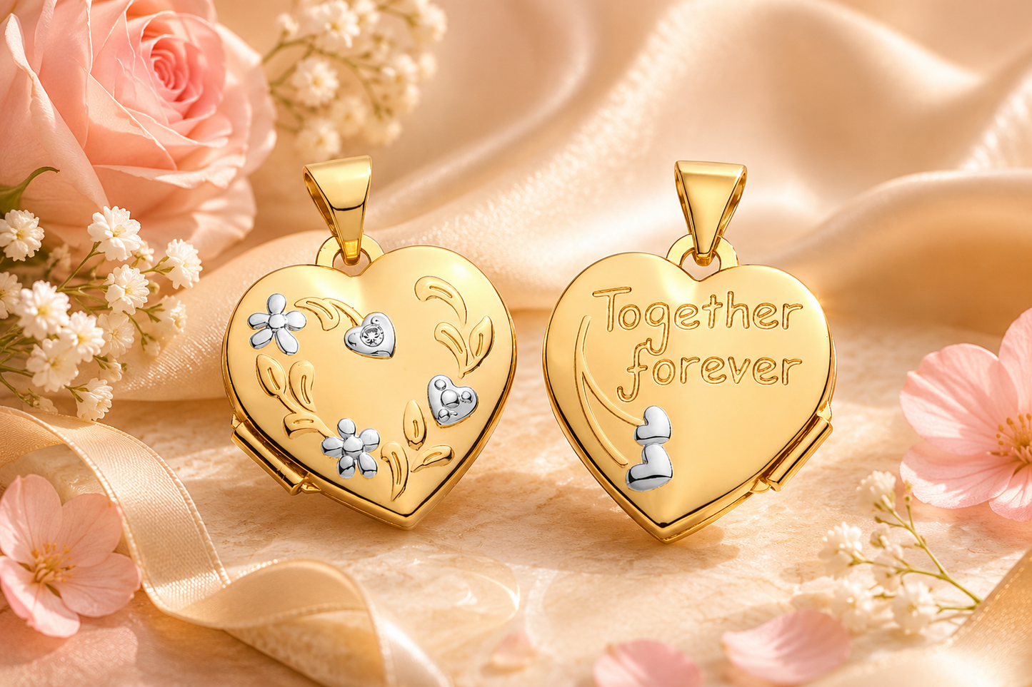 Elegant Together Forever Heart Locket from J R Jewellery with floral engravings and polished finish