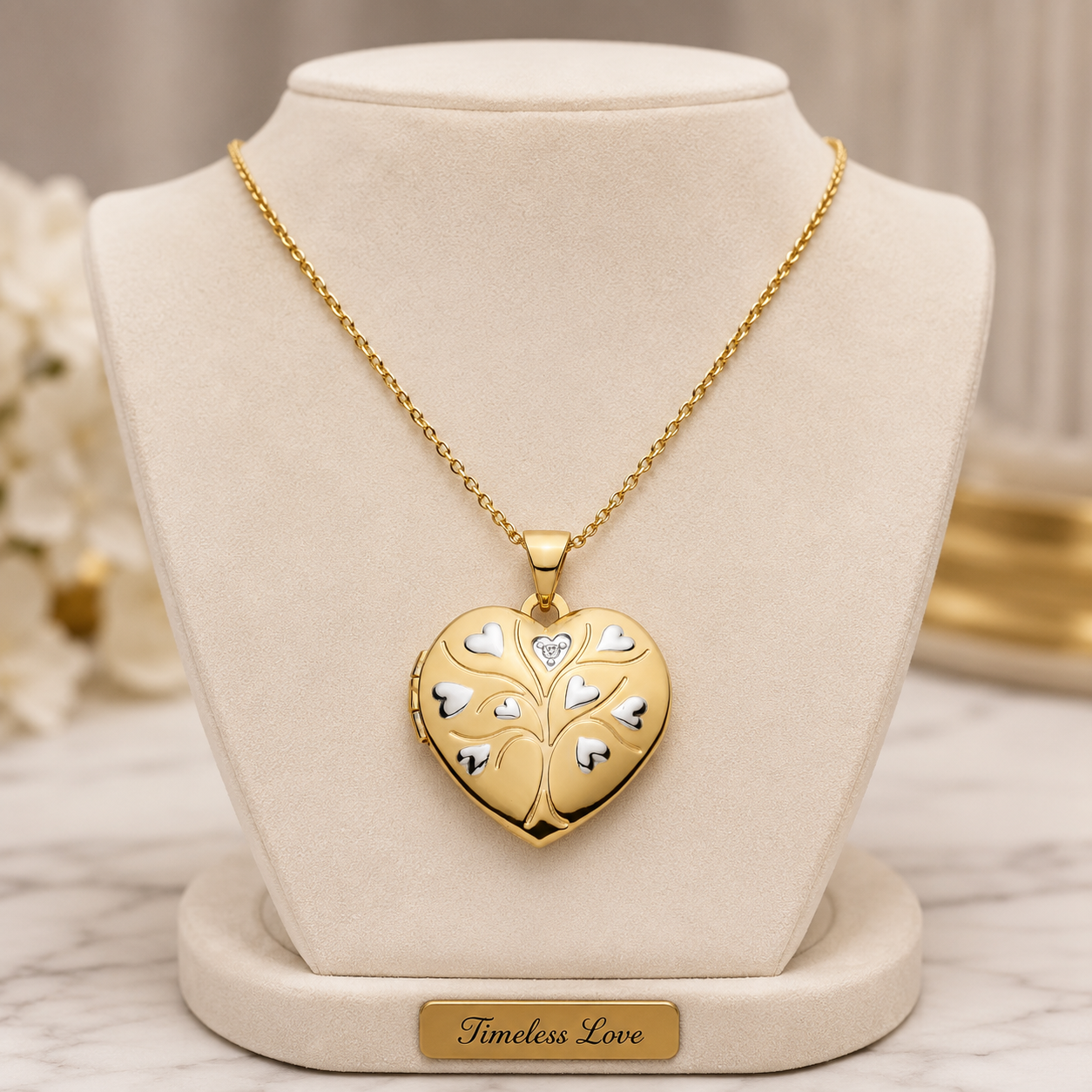 Elegant Tree Of Life Locket in Gold Finish on a Display Stand for Timeless Love