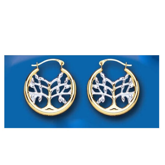 Tree of Life Hoop Earrings Two Colour White and Yellow Gold Hoops 20mm