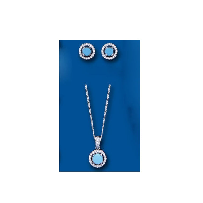 Turquoise Pendant and Earrings Set Solid Sterling Silver Halo Cluster