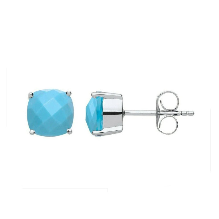 Turquoise Cushion Solitaire Earrings Sterling Silver Rhodium Plate 925 Hallmark