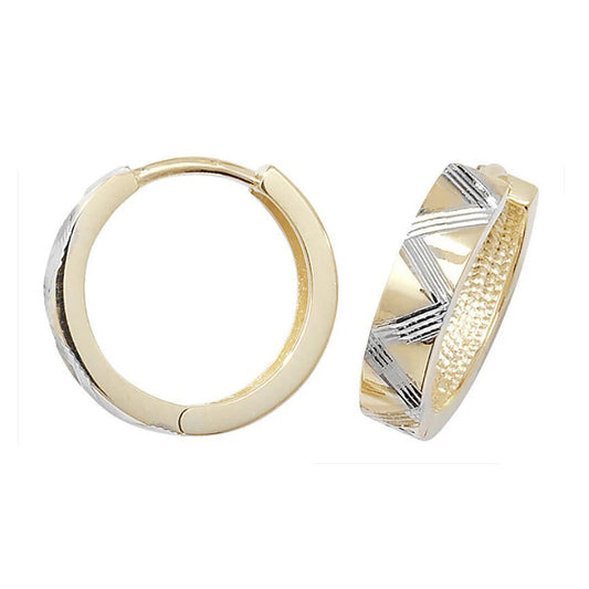 Two Colour Gold Huggie Earrings Diamond Cut Hoop 16mm British made 9ct Hallmark