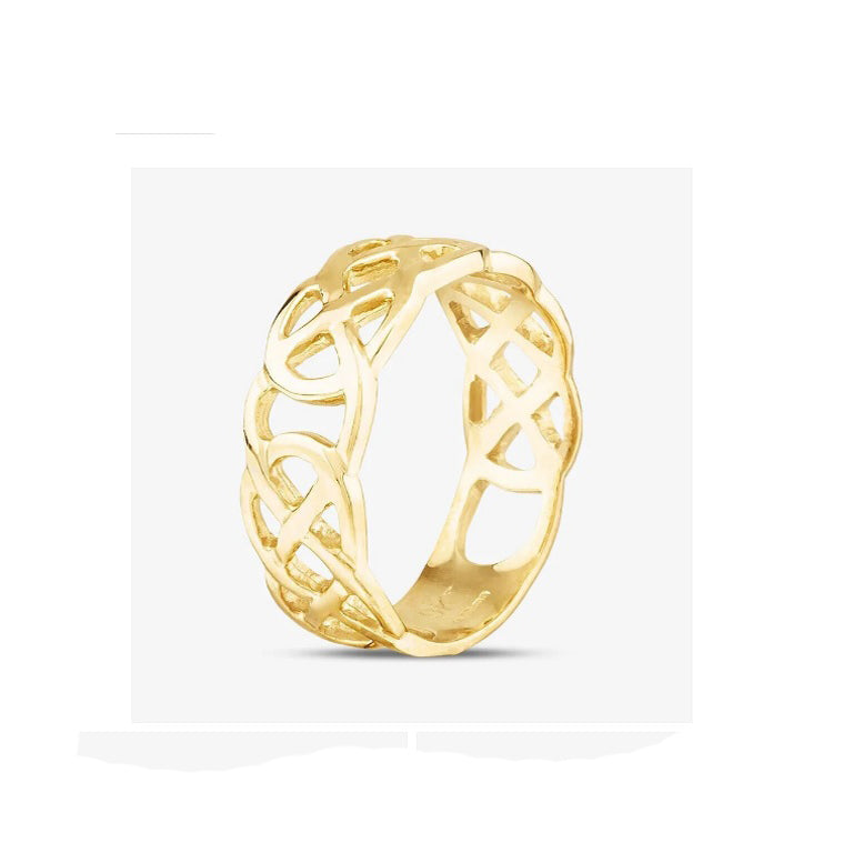 J R Jewellery 9ct gold Celtic knot ring featuring intricate openwork design and polished finish