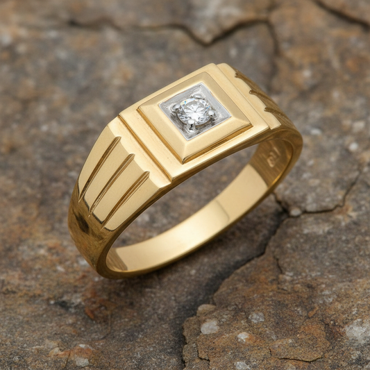 9ct Yellow Gold Gents Square Face Ring Real Diamond Signet Hallmarked