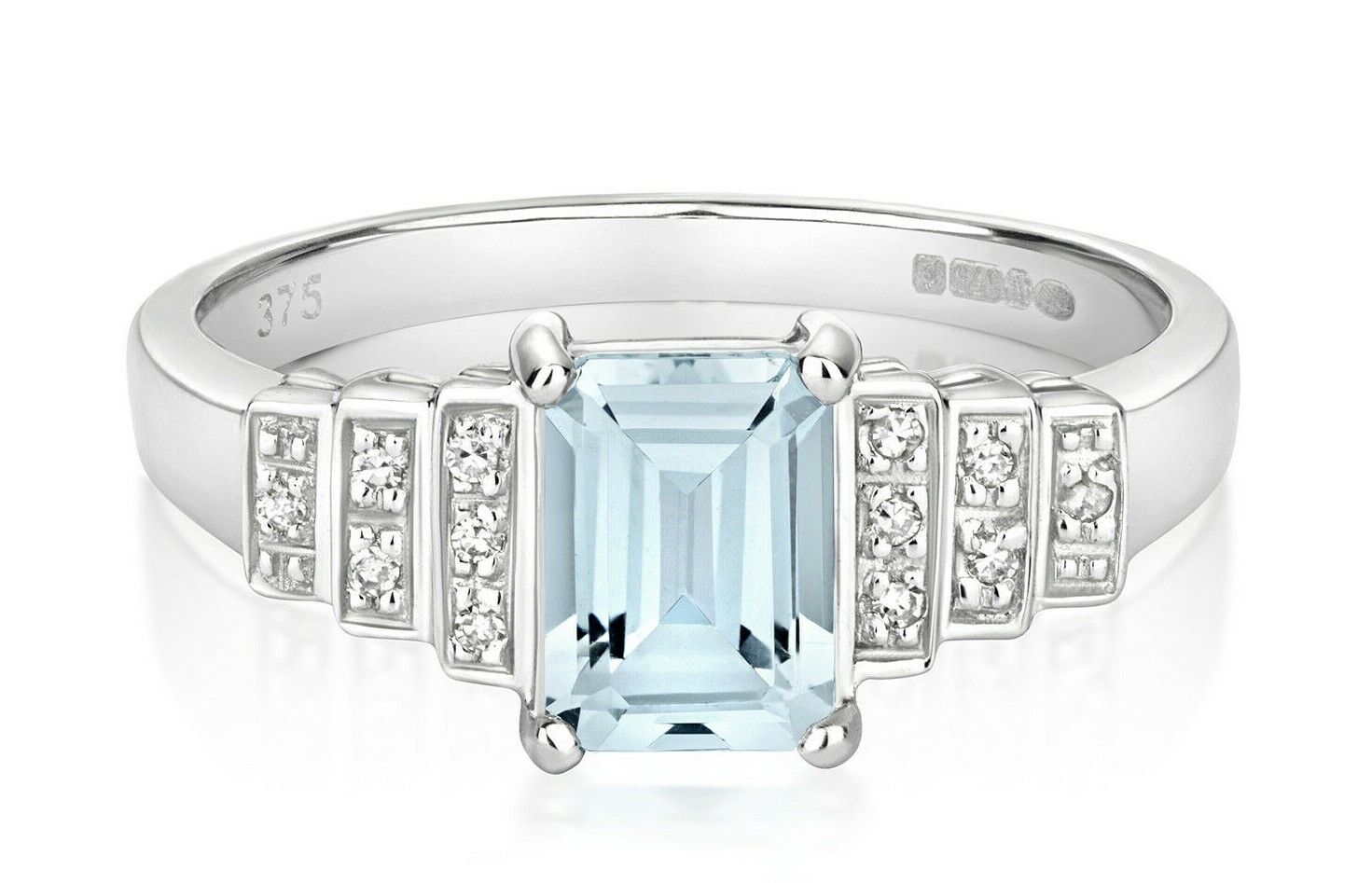 J R Jewellery aquamarine and diamond engagement ring with emerald cut centre stone and diamond accents