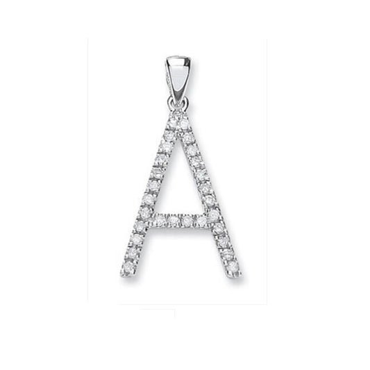 Diamond initial pendant letter A with sparkling stones on silver setting by J R Jewellery