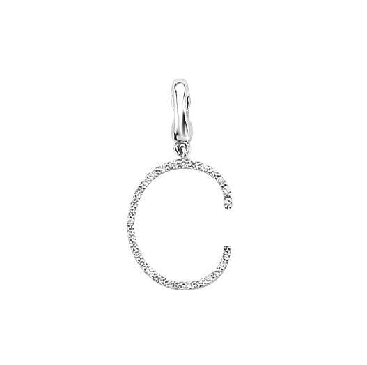J R Jewellery diamond initial pendant shaped as letter C in silver with small sparkling diamonds