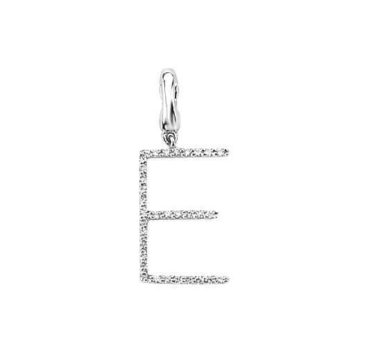 J R Jewellery diamond initial pendant shaped as letter E with sparkling stones on white background