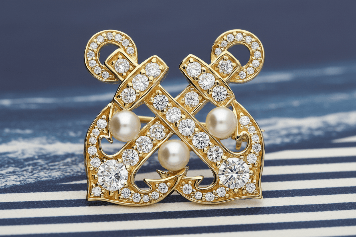 Anchor Brooch Freshwater Pearl CZ Vintage Style Yellow Gold on Solid 925 Silver