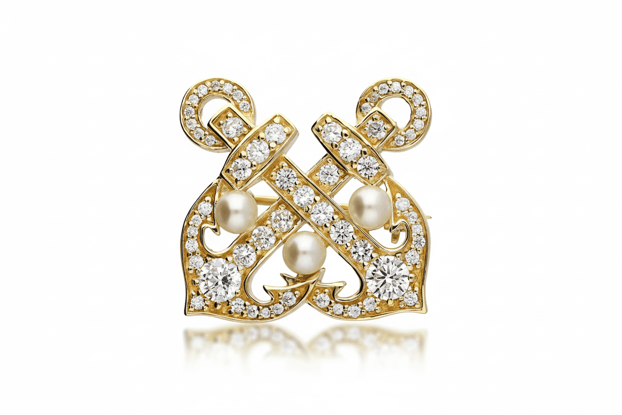 Anchor Brooch Freshwater Pearl CZ Vintage Style Yellow Gold on Solid 925 Silver